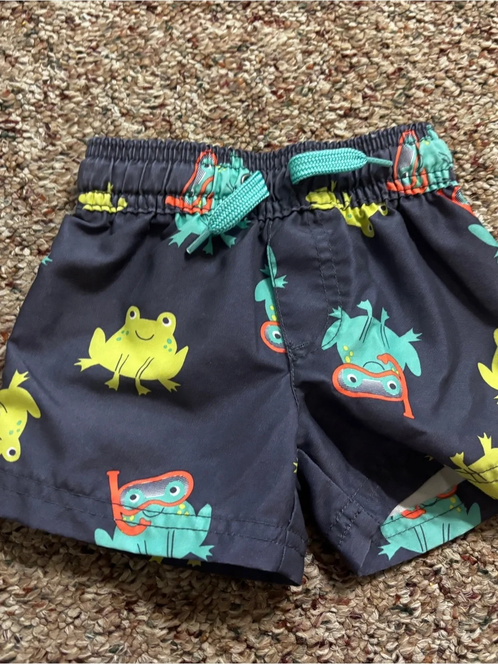 Navy Frog Print Swim Shorts with Teal Drawstring
